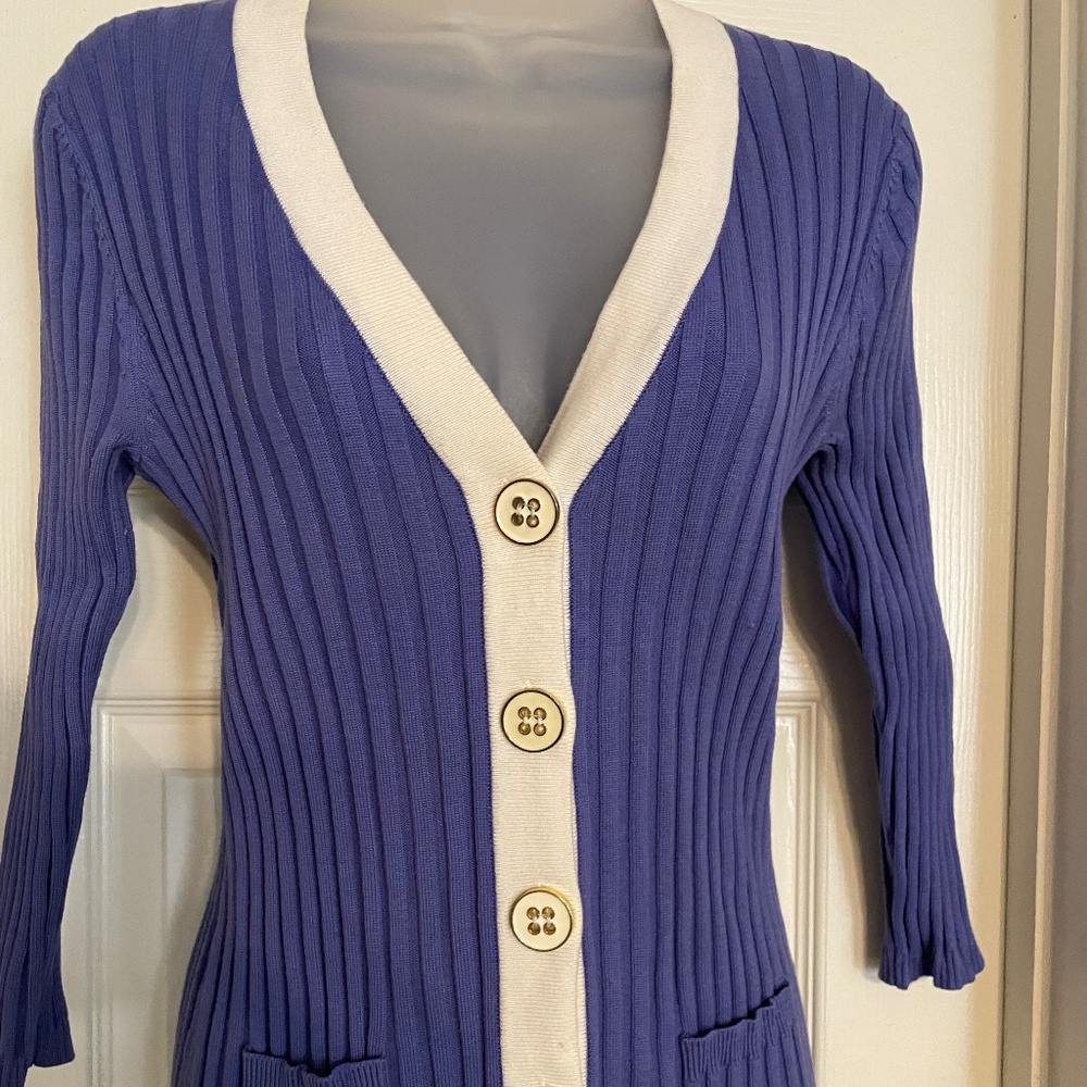 Cable &Gauge, blue  With white trim cardigan, sizeM, Vintage